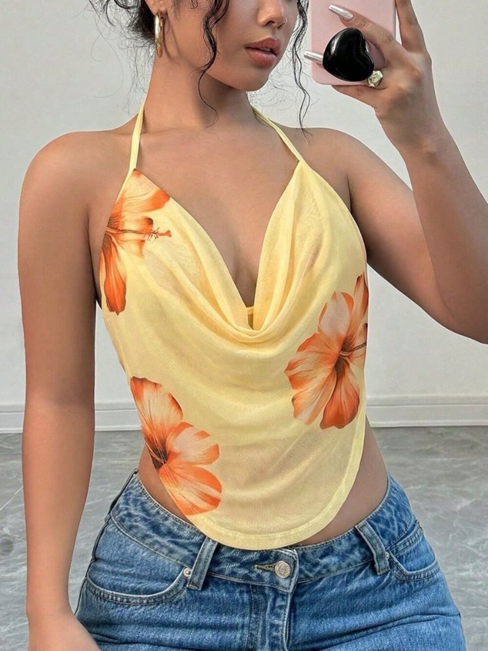 Orange Casual Elegant Sexy Floral Mesh Women's Plunging Neck Top